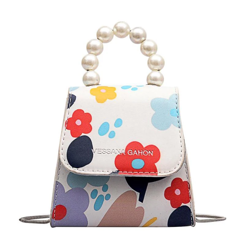 

LJL-Flower Print Shoulder Small Messenger Handbags Women Pearl Crossbody Bags Handbag Letter Floral Pu Leather Lady