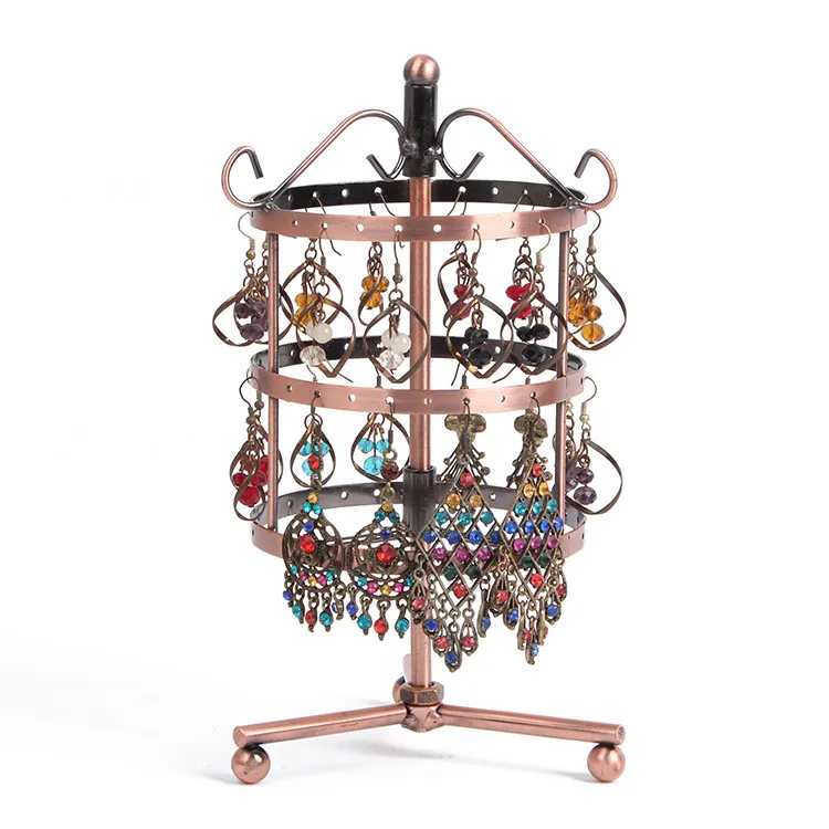 New 72 Holes Earring Display Brown Metal Turnable Necklace Jewelry Display Rack Stand Holder
