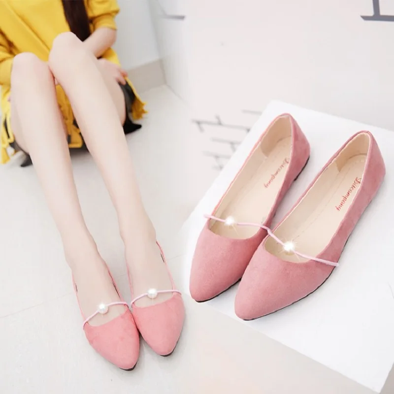 

2019 spring and autumn new pointed flat with pearl single shoes female wild flat peas women's shoes