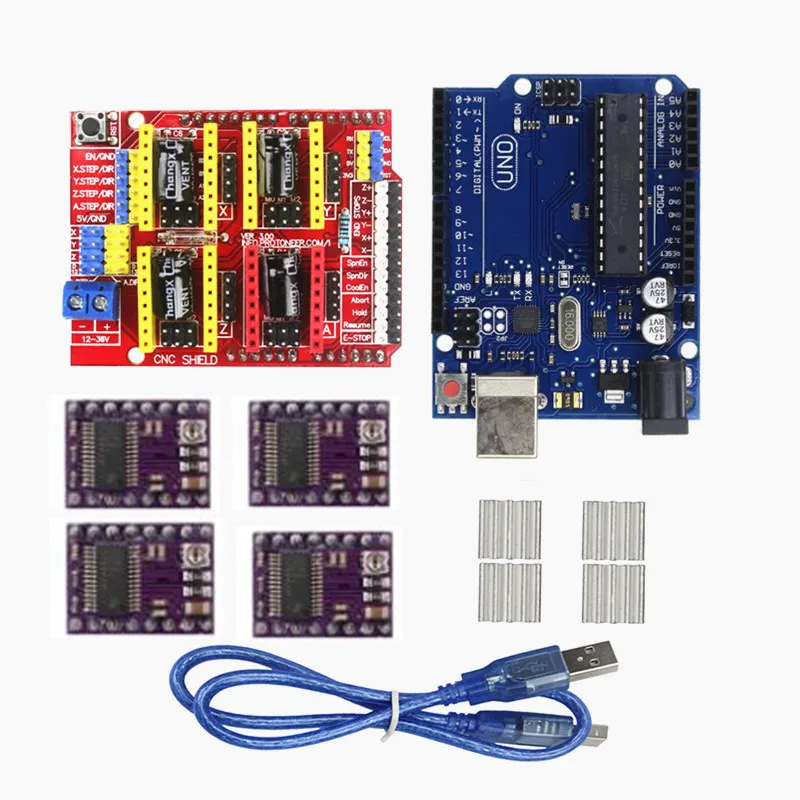 

4PCS DRV8825 Stepper Motor Driver Heatsink + CNC Shield Expansion Board + UNO R3 Board USB Cable Kits for Arduino V3 3D Printer