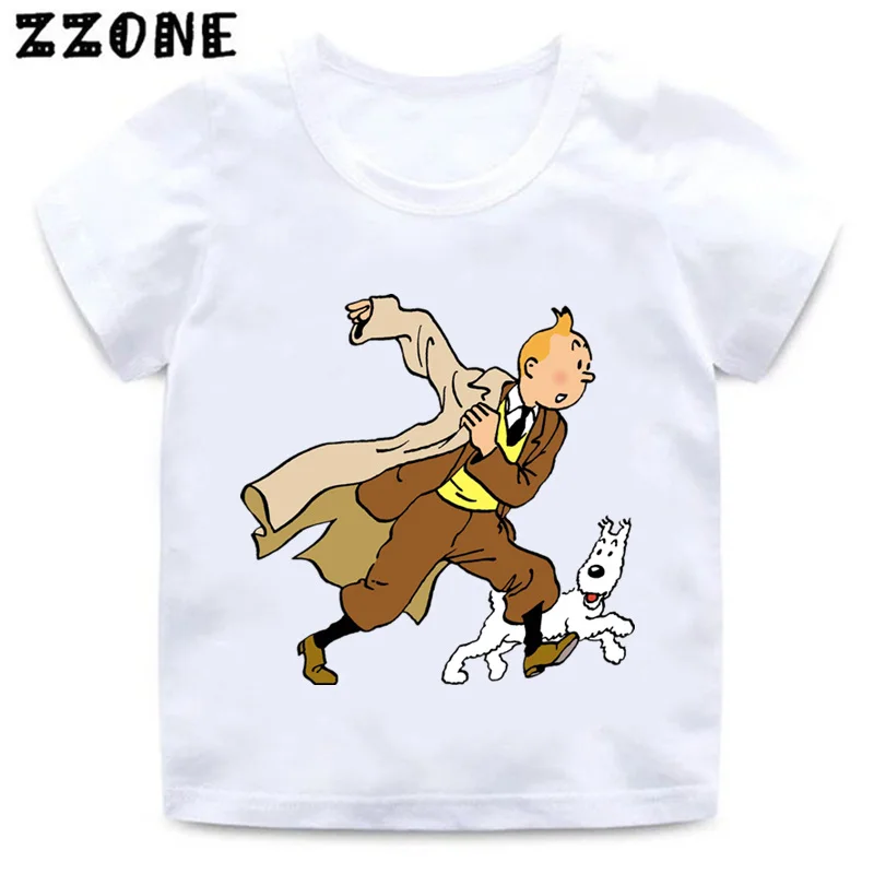 Футболка для мальчиков и девочек с рисунком из мультфильма Tintin Milow забавная белая футболка для малышей Детская летняя одежда с короткими рукавами ooo013