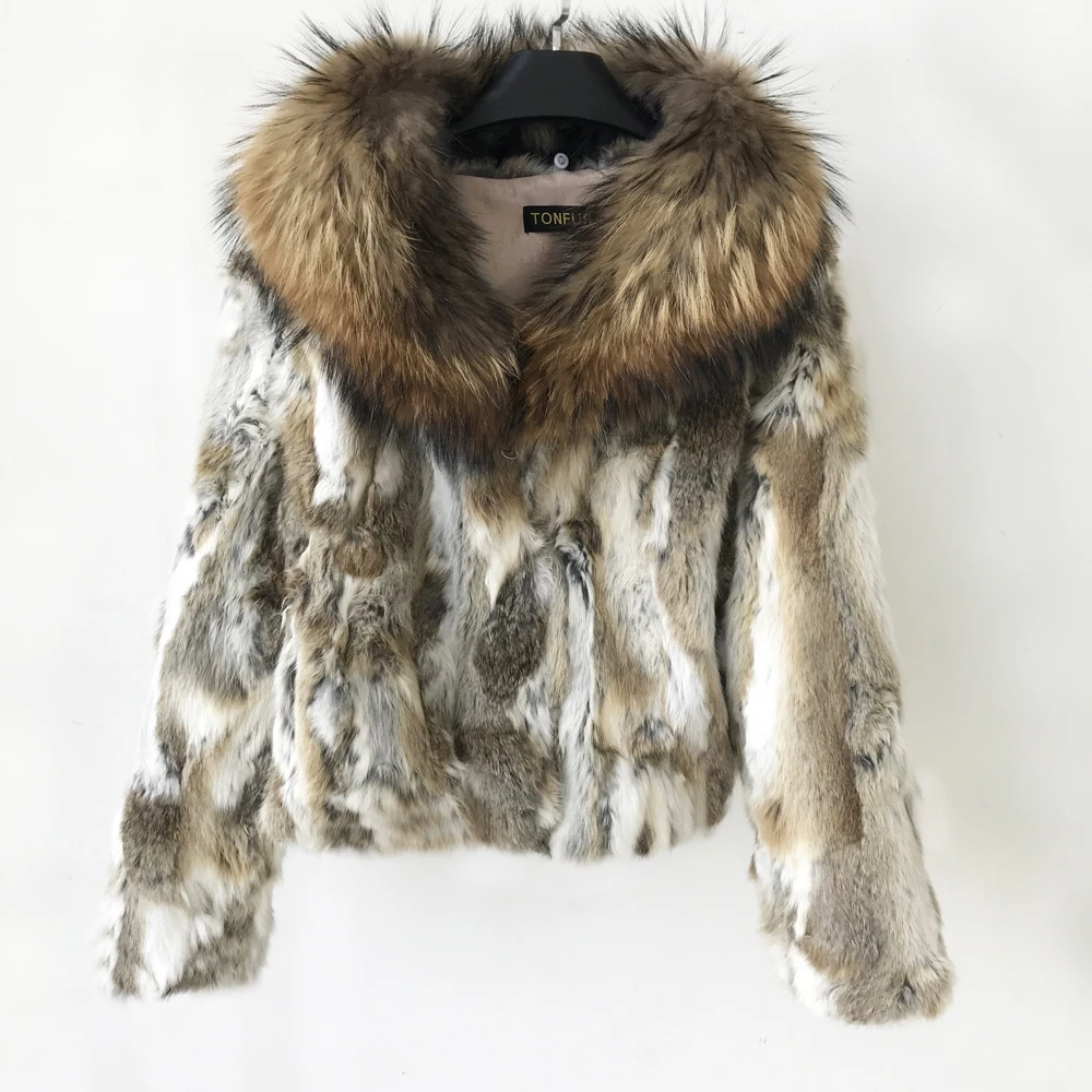 Меховое пальто женское пальто из натурального меха кролика куртка с роскошным большим воротником из меха енота одежда высшего качества Зимняя tsr628