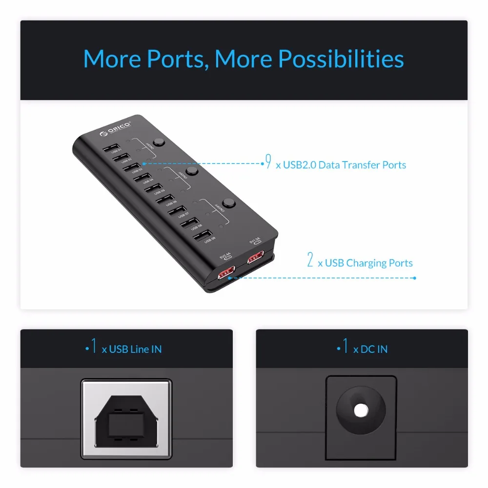 ORICO 9 Порты и разъёмы USB2.0 концентратор с вкл/выкл кнопка 2 зарядки Порты USB2.0 ультра-Мини-концентратор для планшета/мобильного телефона-черный(HF9US-2P