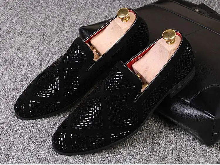 Черные Мужские модельные туфли со стразами; роскошные бархатные мокасины со стразами; мужские лоферы; деловая мужская обувь - Цвет: Черный