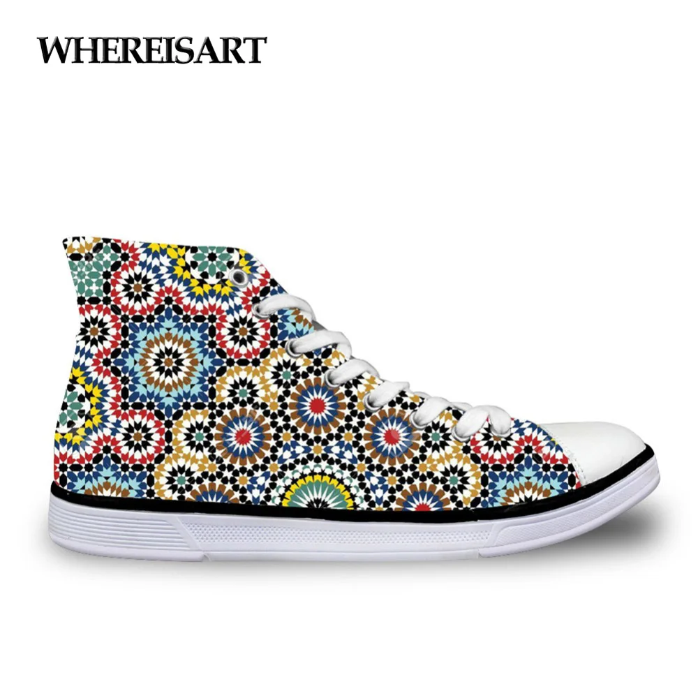 

WHEREISART Traditional Moroccan Pattern Lace-up Fashion Vulcanize Shoes for Women Casual High Top Canvas Casual Sneakers Woman