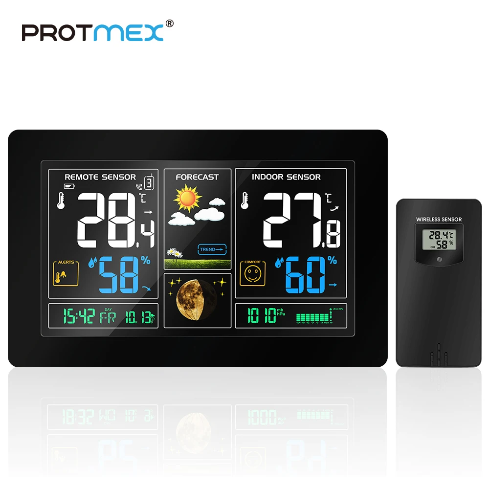 PROTMEX EU Plug Wireless Weather Station Temperature Humidity Sensor Colorful LCD Display Weather Forecast RCC Clock In/outdoor PROTMEX EU Plug Wireless Weather Station Temperature Humidity Sensor Colorful LCD Display Weather Forecast RCC Clock In/outdoor