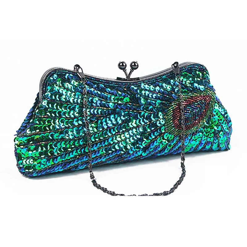 

New Women Sequins Beaded Peacock Evening Clutch Bag Wedding Party Luxury Handbags Shoulder Purse Bags for Women 2018