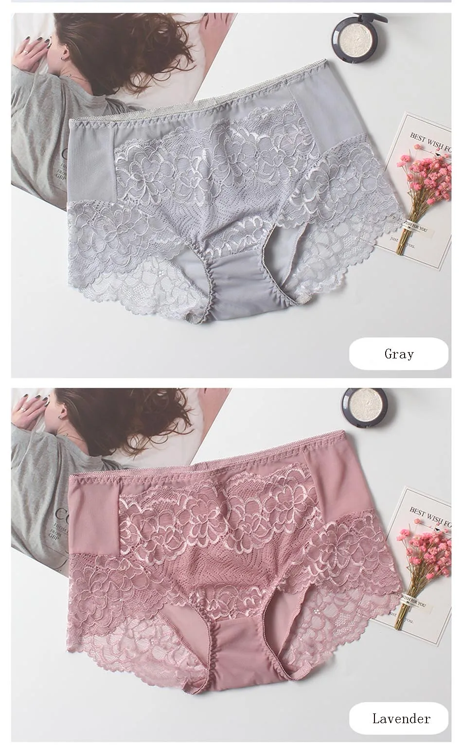 Plus Size Women Sexy Lace Panties Women's Mid Waist Seamless Cotton Briefs Underwear Lingerie Calcinhas Intimates Underpants (15)