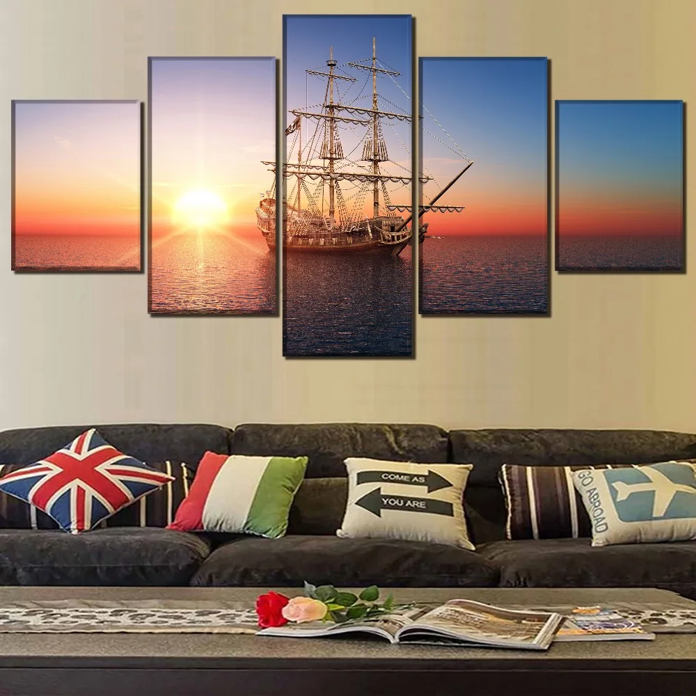 

Canvas Poster Framework Home Decorative Wall Art Modular 5 Pieces Dusk Sunset Picture Decor Living Room Ship Was At Sea Painting