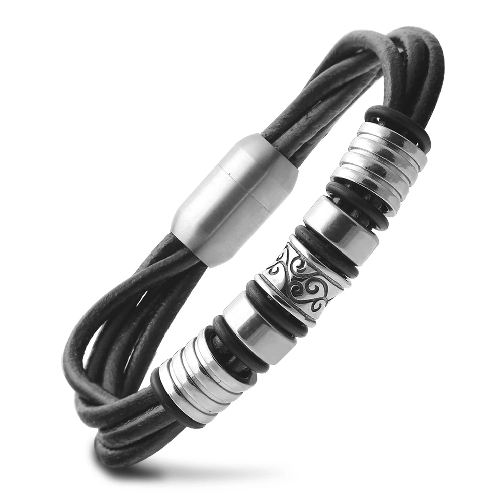 

Lucky Bracelet Stainless Steel Silver Flower Black Leather Simple Handmade Genuine Braided Wholesale Leather Bracelet for Men