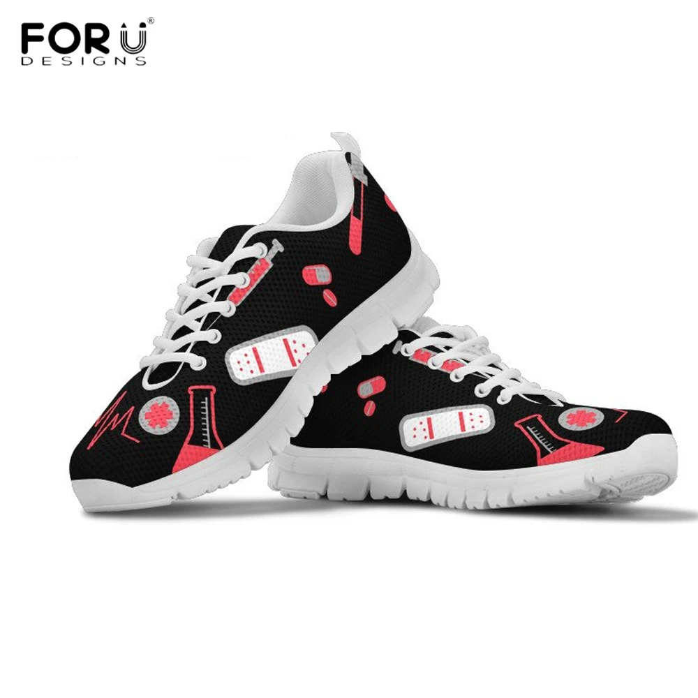 

FORUDESIGNS Fashion Nurse Heartbeat Pattern Woman Sneakers Comfortable Lace Up Flats Shoes for Teen Girls Student Light Footwear