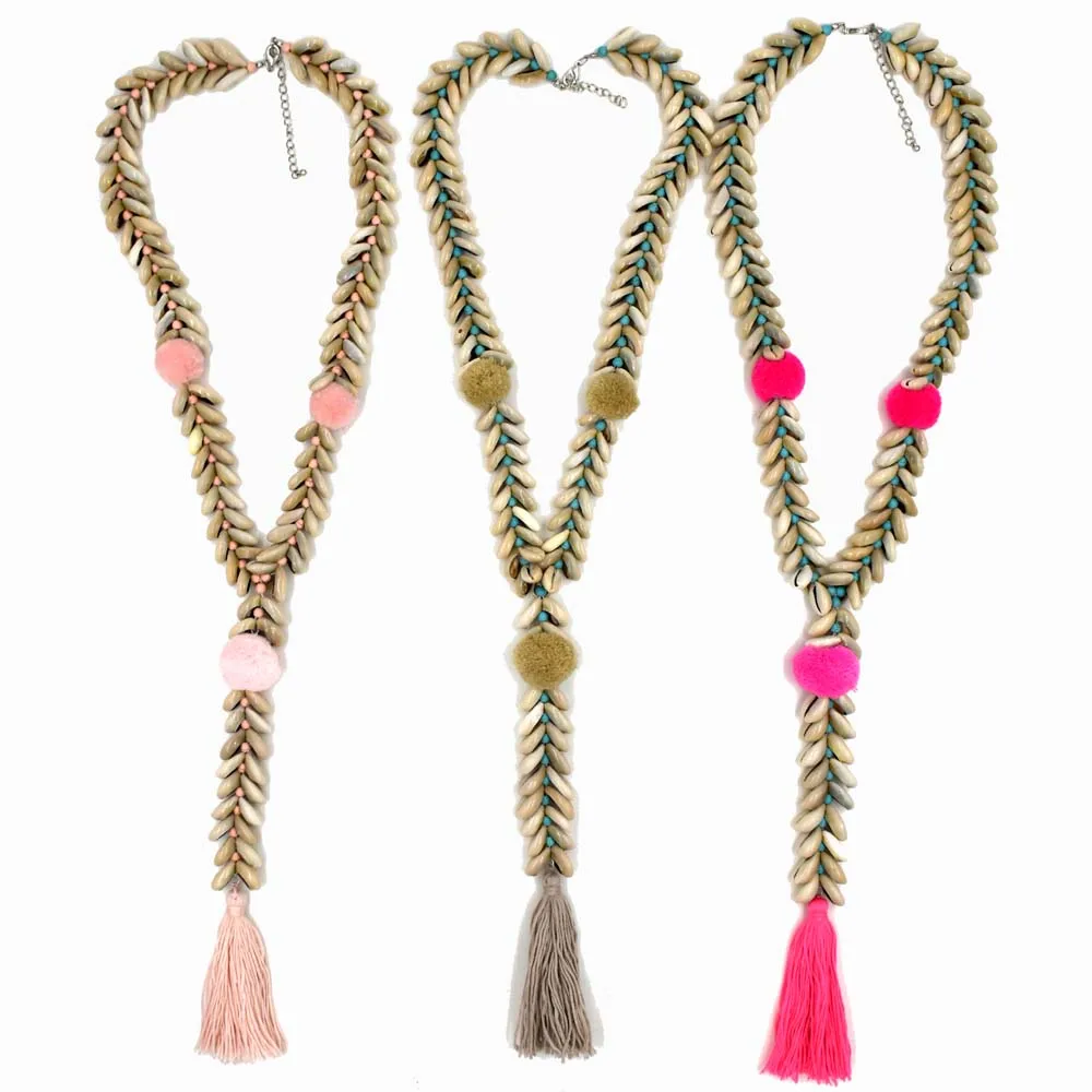 2017 New Handmade sea shell beaded chain necklace Bohemia Boho pompoms long fringe tassel Pendants necklace for women summer