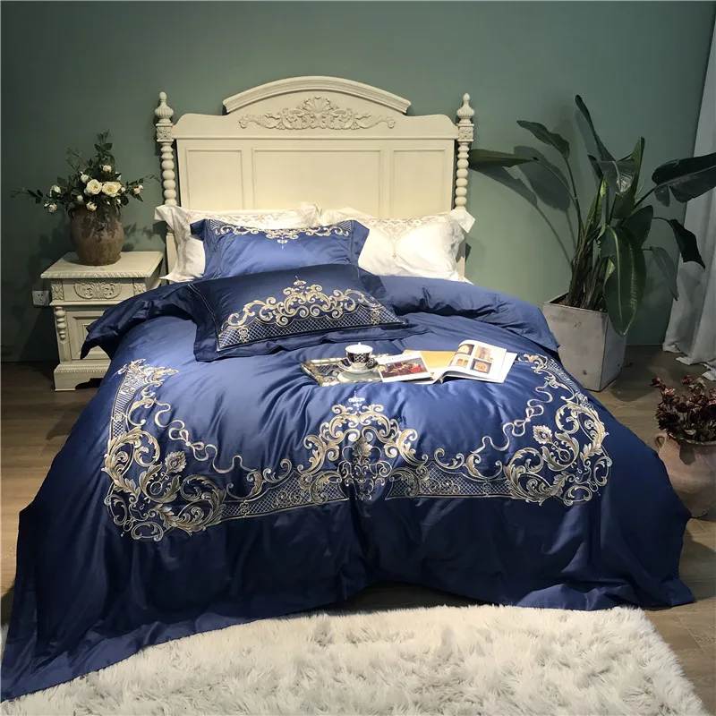 

New Luxury Royal Gold Embroidery 100S/1000TC Egyptian cotton Bedding set Blue Duvet cover Bed sheet Bed Linen Pillowcases 4pcs
