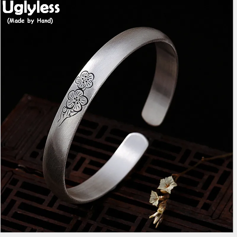 

Uglyless 100% Real Solid 999 Full Silver Bangles for Women Handmade Plum Blossom Open Bangle Wide Floral Bracelets Fine Jewelry