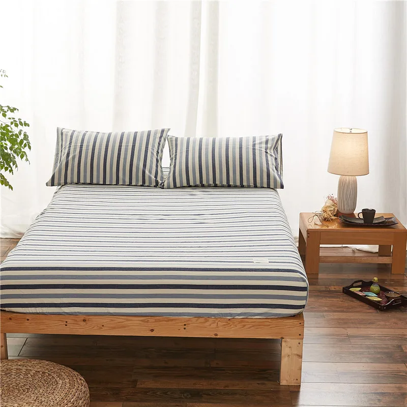 

Modern Style Blue Stripe Pattern 3 Piece 100% Cotton Printed Fitted Sheet Mattress Cover Bed Sheet Sheets Elastic Band Soft Warm