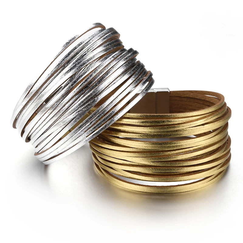 Amorcome, золотые и серебряные кожаные браслеты для женщин, многослойные, широкий браслет обруча, Женские Ювелирные изделия