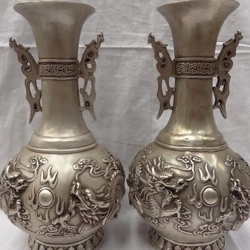 

wan6710975+++11" Chinese Silver Royal Palace 2 Dragon Xi Ball Statue Flower Pot Vase Pair
