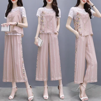 

Fashion Striped Floral Print Three Piece Set Top And Pants Elegant Ensemble Femme Deux Pieces Temperament Ol Women's Summer Suit