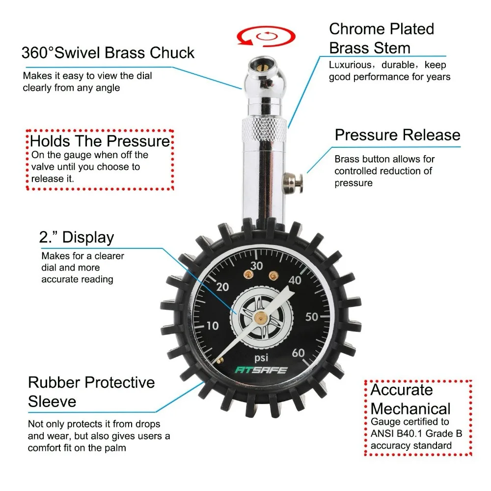 Манометр для шин 60psi, светится в темноте, с колпачками для клапанов шин, профессиональный механический манометр для мотоциклов, автомобилей, грузовиков