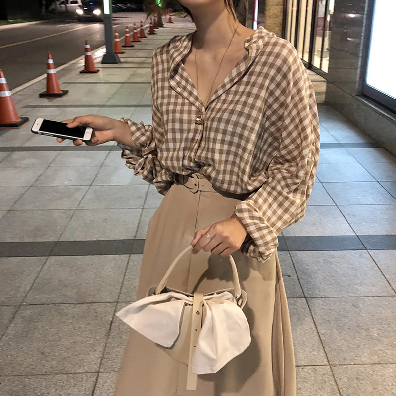 

plaid blouse shirt korean sweet long sleeve blouse autumn women long sleeve tops 2018 (S2195)