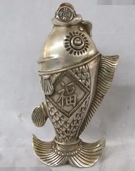 

China Feng Shui Sign Silver carved Lucky Money Wealth Fish Carp statue