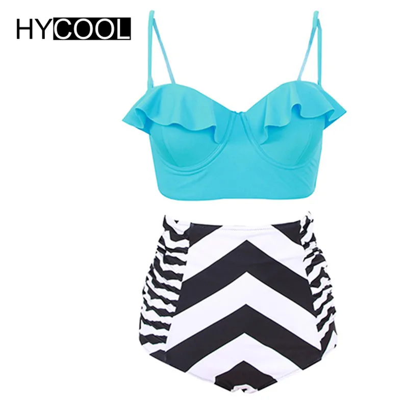 

HYCOOL Ruffled High Waist Women Bikini Sexy Bikinis Black And White Striped Bottom Female Swimwear Swimsuit Push Up Bathing Suit