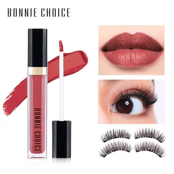 

BONNIE CHOICE False eyelashes Magnet Eye Lash with Lip Gloss Matte Liquid Lipstick Long Lasting Waterproof Lip Makeup Set