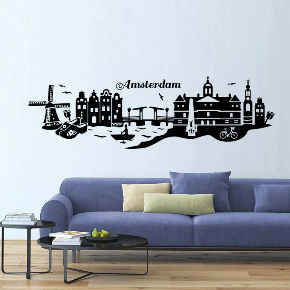 

DCTOP Girl'S Room Wall Art Pink Amsterdam Skyline Living Room Wall Sticker High Quality