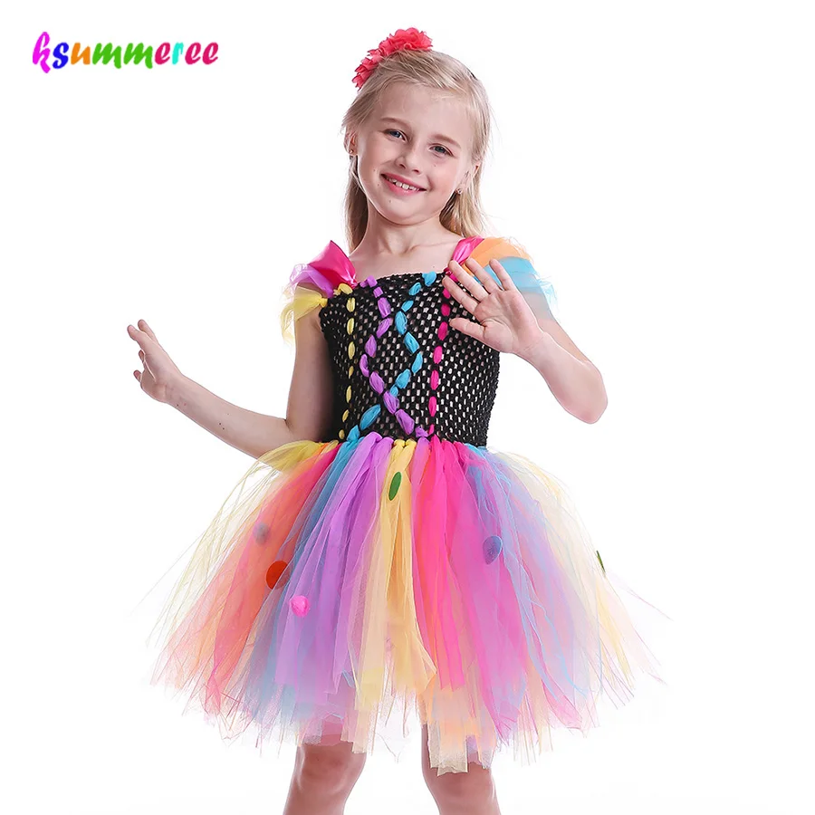Girls Rainbow Fancy Clown Tutu Dress Kids Princess Handmade Pattern