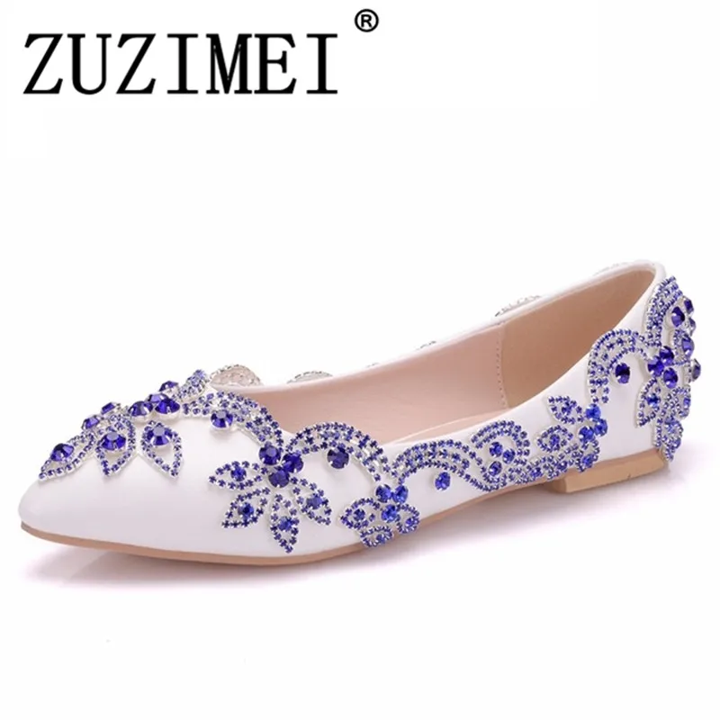 

Lady Shoes Blue Rhinestone Flat Heel Women Shoes Sexy Woman Wedding Shoes Flats Zapatos Mujer big size 34-43