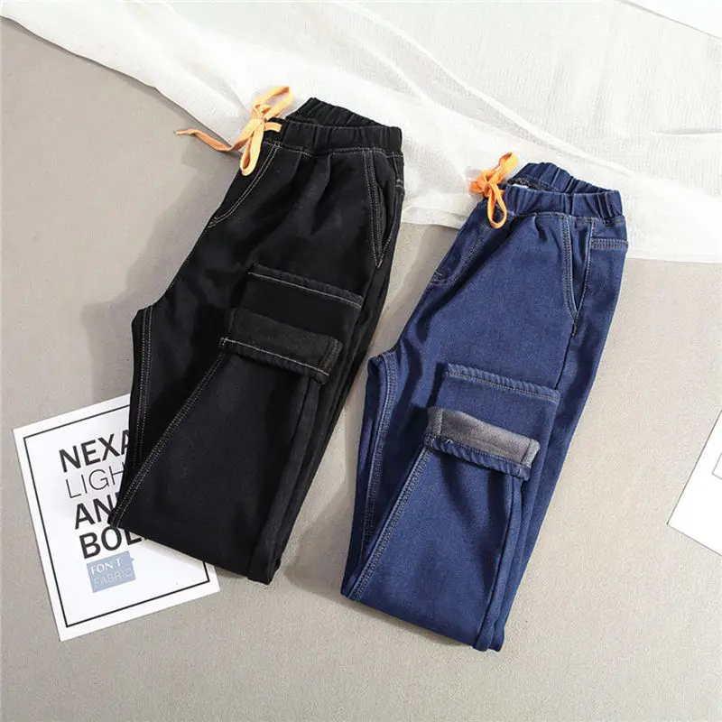 Plus Size 5XL Winter Plus Velvet Warm Jeans Woman Drawstring High Waist Jeans Denim Long Pants Vintage Women Harem Jeans C3866