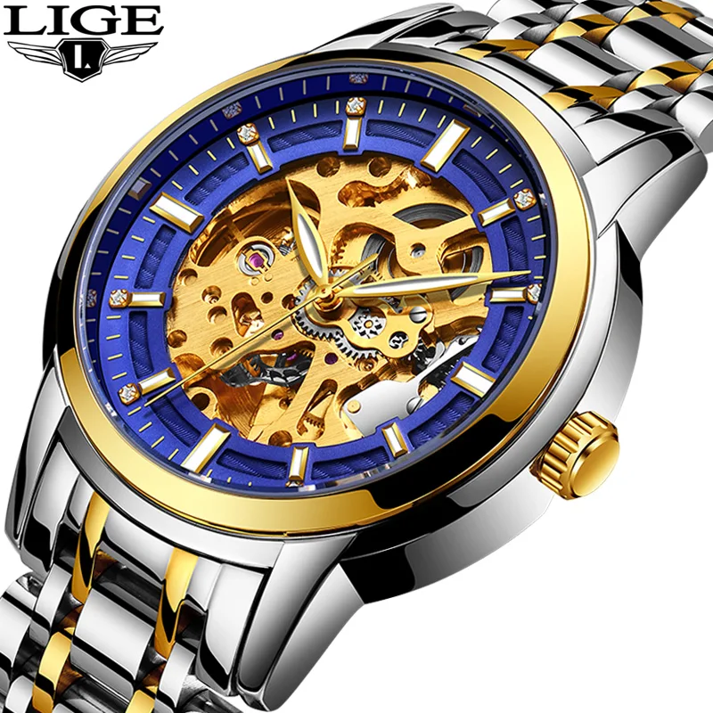 

LIGE Automatic machinery Skeleton Mens Watches Luxury Fashion Business Gold Watch Men Sport Waterproof Clock Relogios masculinos