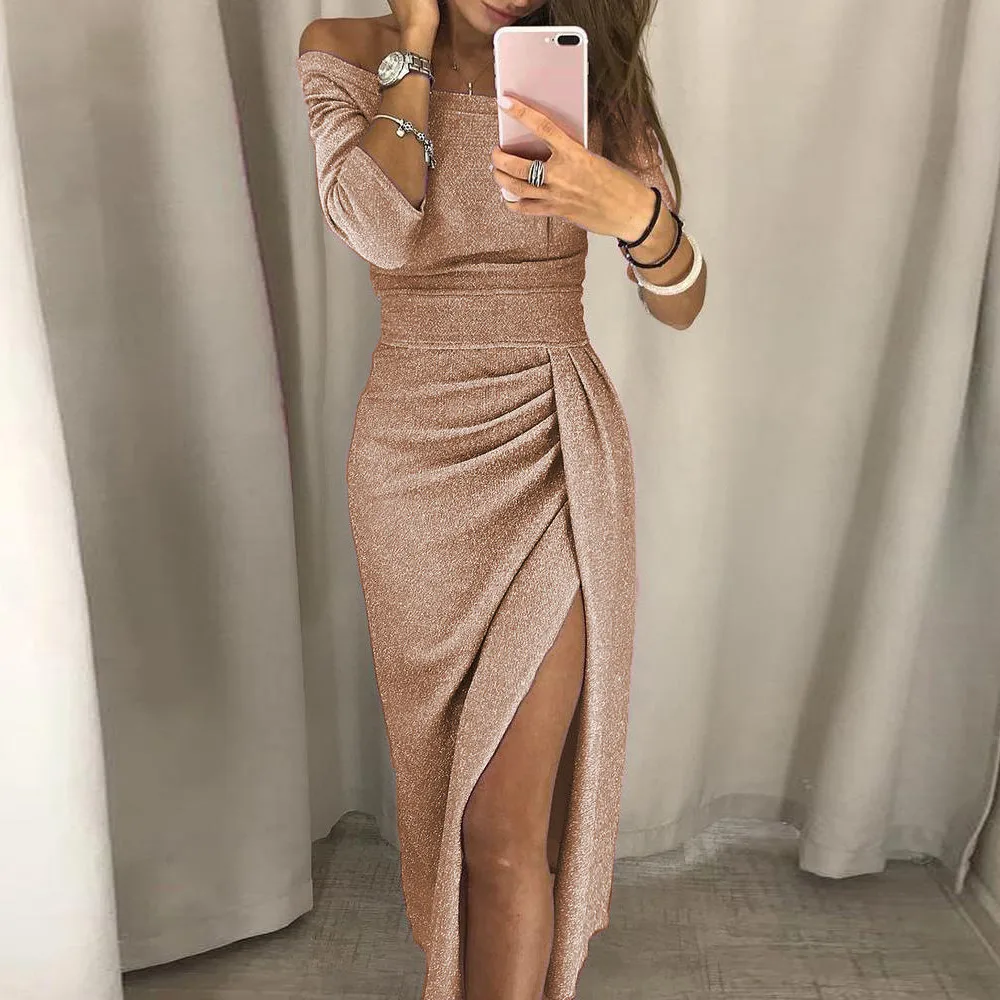 

Sexy Off Shoulder Party Dress Women High Slit Peplum Bodycon Dress Autumn Three Quarter Sleeve Bright Silk Shiny Dress elbise