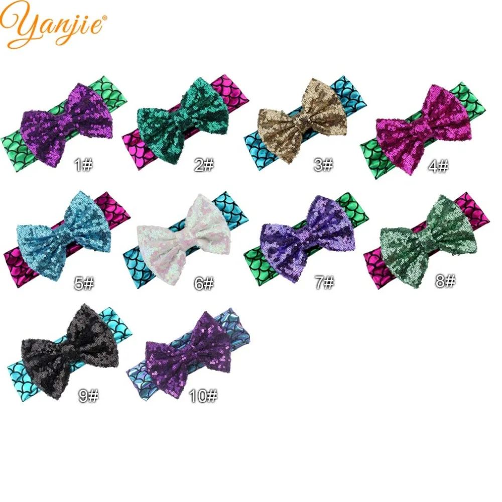 Для волос заколка с бантиком " галстуки-бабочки с Блестками Блестящие Русалка на резинке оптом Мода вечерние аксессуары для волос для детей, повязка на голову