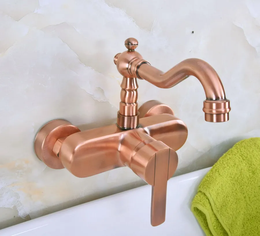 

Antique Red Copper Brass Wall Mounted Bathroom Kitchen Sink Faucet Swivel Spout Mixer Tap Single Handle Lever anf935