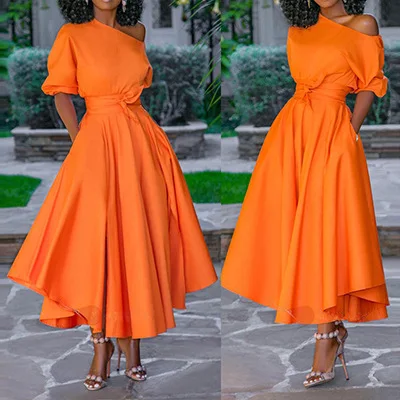 

Office Lady A-line Solid Short Pockets Ankle-length Regular Empire Slash Neck Birthday Outfits For Women Summer Dress 2019 New