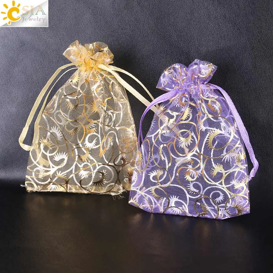 

CSJA 9x12cm Drawable Pouches Organza Gifts Bag Packing Jewelry Wedding Christmas Purple Pink Red Small Favor Bags 10pcs/lot F462