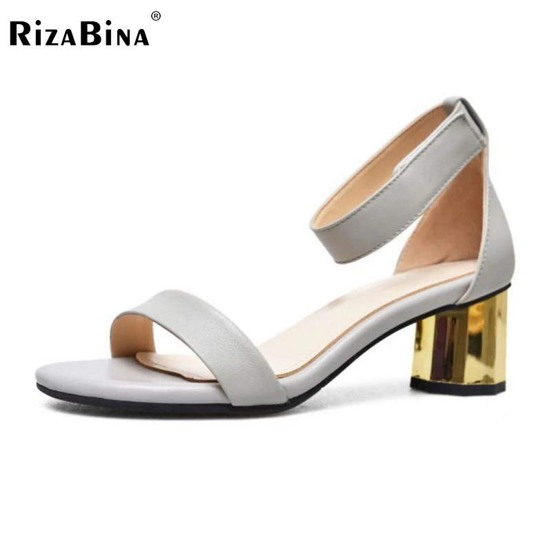 

RizaBina Women Simple Genuine Leather Sandals Thick Heels Solid Color Metal Sandals Woman Daily Work Summer Shoes Size 34-39