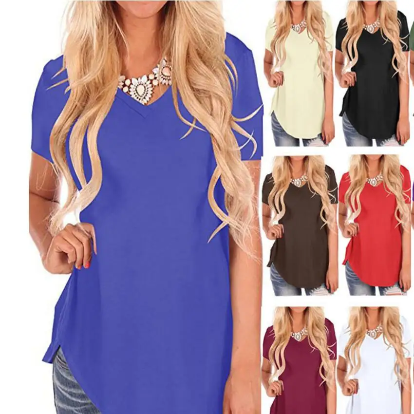 

New Summer 2019 Fashion Women T-shirt Short Sleeve V-Neck Package Hip Shirt Plus Size Women Clothing Solid Color Summer Tops