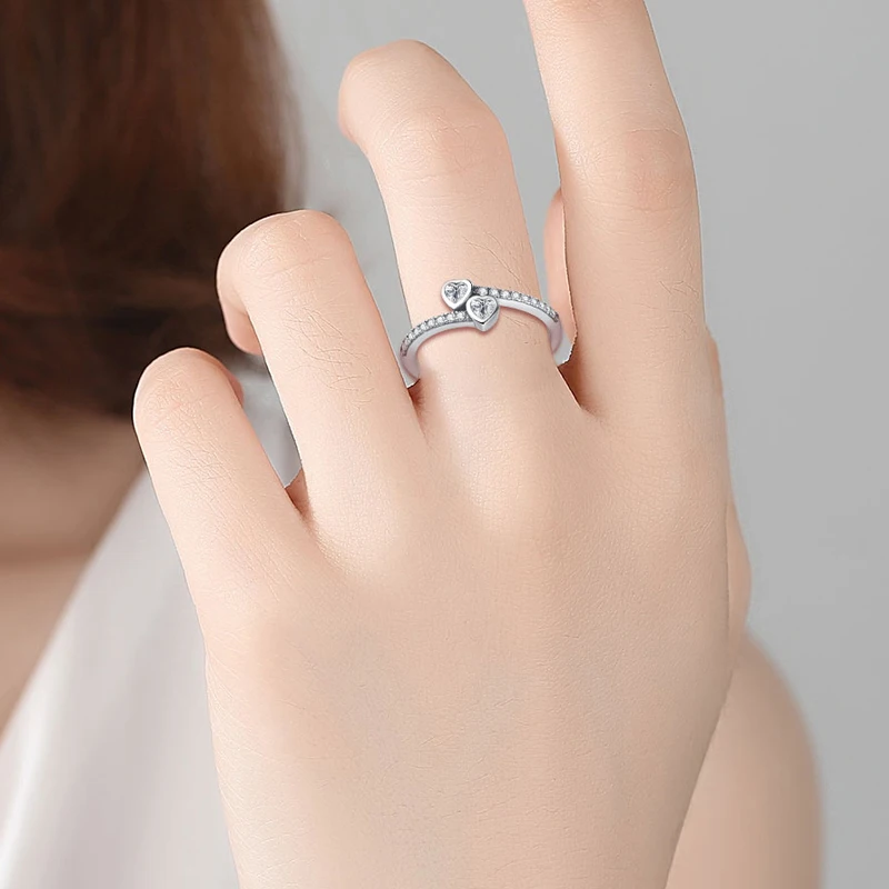 ELESHE, классические серебряные кольца 925 пробы с кристаллами, двойные сердца, кольца на палец для женщин, Свадебные обручальные ювелирные изделия, бижутерия