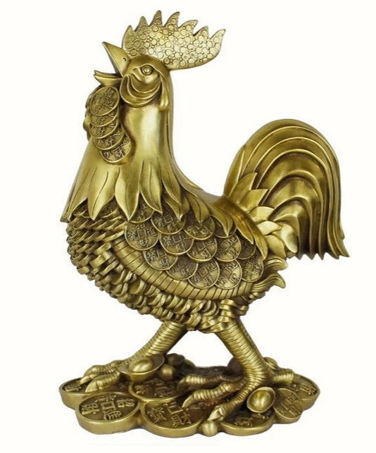 

zhaomeirui46++China Brass copper Wealth Coin Rooster Cock chanticleer chicken rooster statue