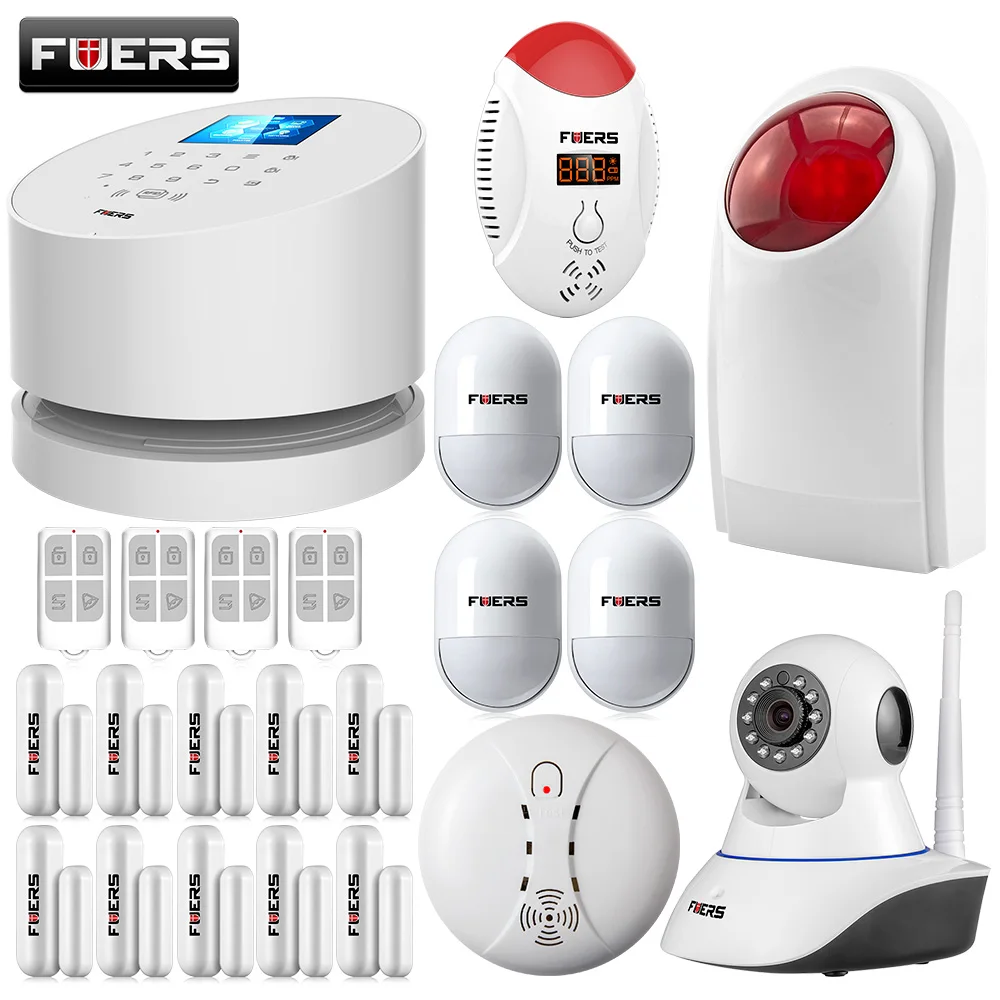 DHL FUERS W2 WiFi Internet GSM PSTN RFID Home Burglar Alarm System +IP Camera+Smoke CO detector wireless outdoor flash siren