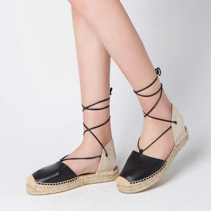 

Women Summer Genuine Leather Rome Lace-up Ankle Strap Hemp Ladies Flats Outdoor Casual Shoes Female Sandals Zapatos Mujer