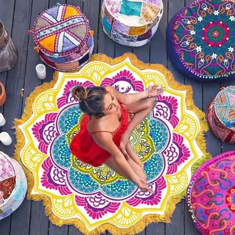 

Indian Mandala Tapestry With Tassel Lotus Printed Beach Towel Wall Hanging Bohemian Yoga Mat Bikini Cover-Up Home Decor