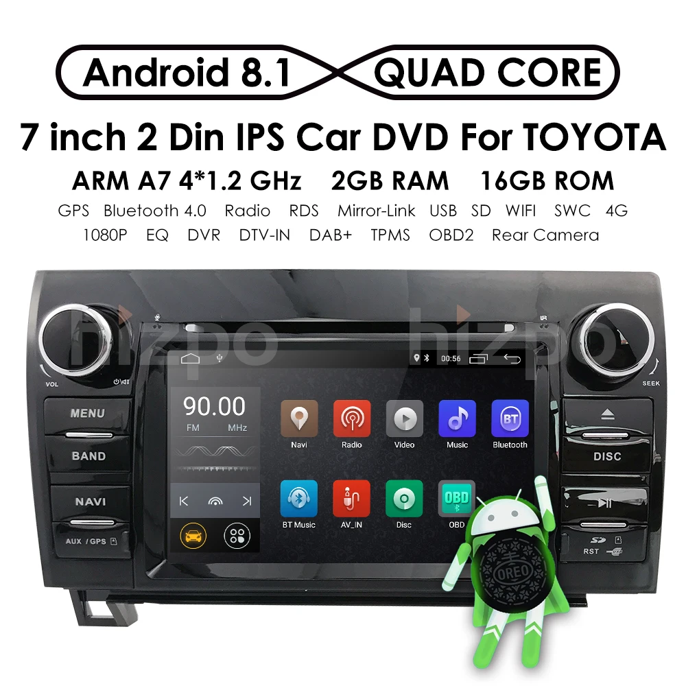 Discount 7 Inch 2 Din HD 1024x600 Quad Core Android 8.1 Car DVD GPS For Toyota Tundra Sequoia 2008-2013 Stereo Radio 4G WiFi OBD DVR DAB+ 1