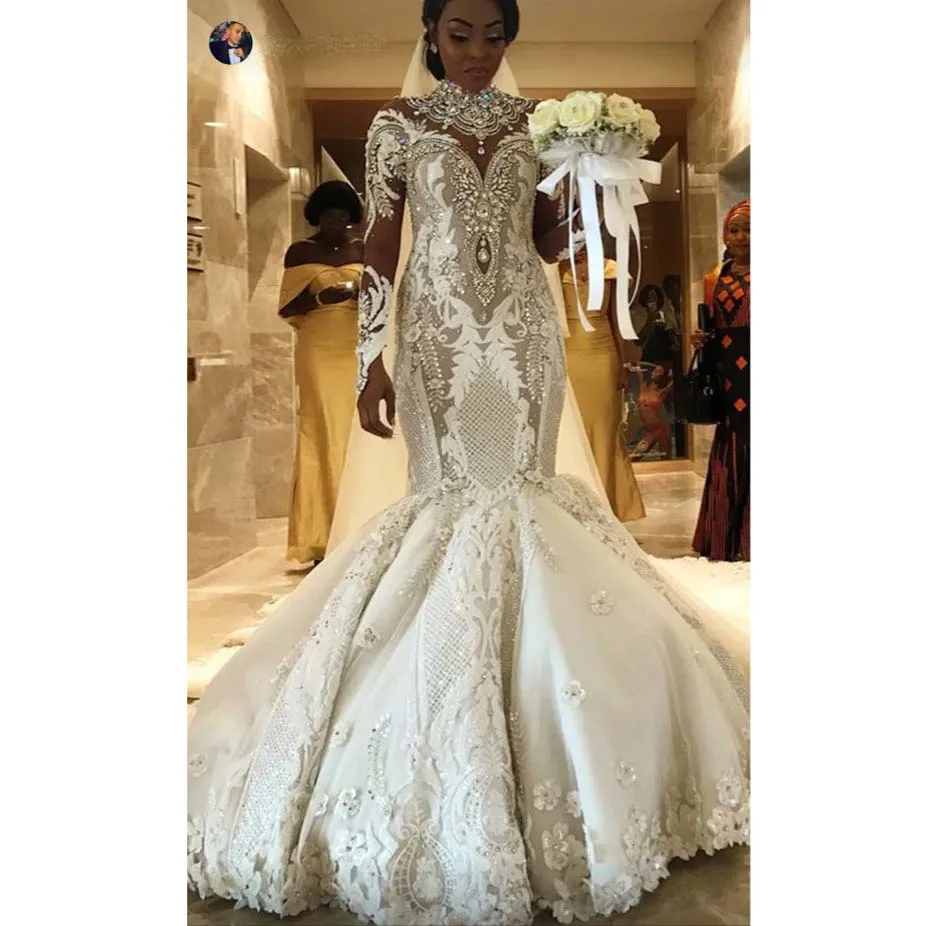 Casamento Aso Ebi Кружева Русалка Свадебные платья с длинными рукавами Роскошные свадебные платья «горный хрусталь» 3D цветок Vestido De Noiva