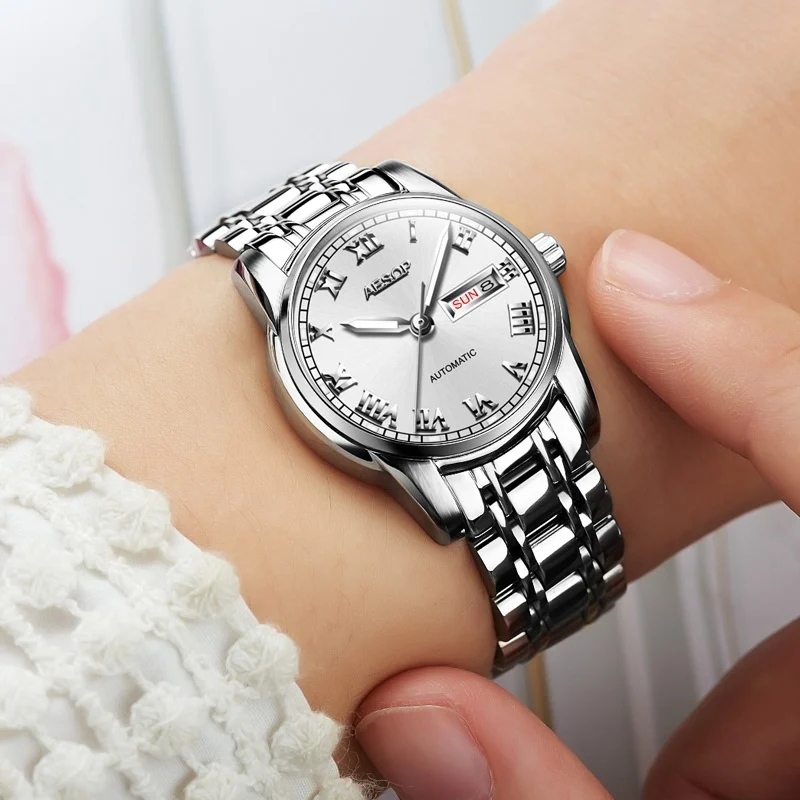 AESOP Gold luxury Watch Women Japan Movement Mechanical Automatic watch Ladies Stainless steel Golden Female Clock Women - Цвет: Silver white lady
