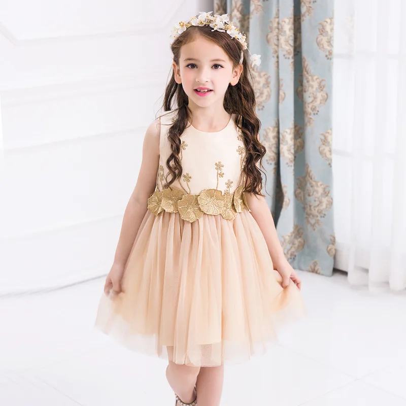 

Elegant Sweet Lovely Embroidery Champagne Flower Girl Dresses Kids Baby Fancy Evening Gowns First Holy Communion Halloween Dress