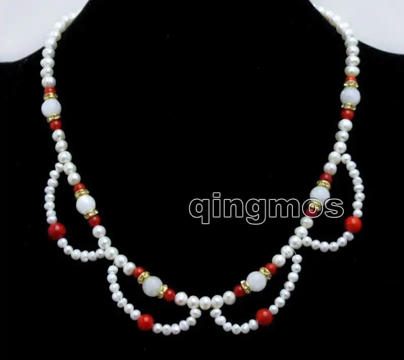 

Women Charm White Flower Lace 4-6mm White Round Natural Pearl and 8mm Moonstone & Red Coral 17" necklace-nec6433
