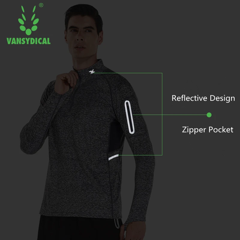Vansydical мужские спортивные рубашки для бега с длинным рукавом, быстросохнущие дышащие майки для пробежек и тренировок, топы с карманом на молнии